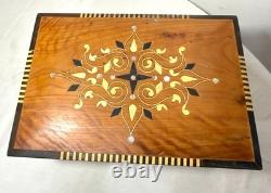 Vintage handmade inlaid marquetry mother of pearl wood dresser jewelry box