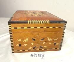 Vintage handmade inlaid marquetry mother of pearl wood dresser jewelry box
