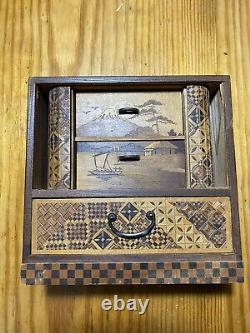 Vintage handmade inlaid marquetry wood Small jewelry trinket box