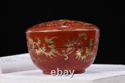 Vintage jewelry box Organizers red chinese lacquerware gold gilding flower rare