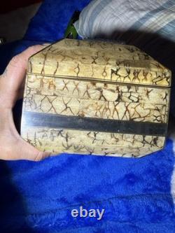 Vintage large Tessellated Stone With Brass Inlay wood box. Some damage issues