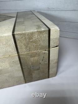 Vintage large Tessellated Stone With Brass Inlay wood box. Some damage issues