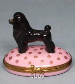 Vintage marked Limoges porcelain w black Poodle trinket on pink box