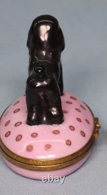 Vintage marked Limoges porcelain w black Poodle trinket on pink box