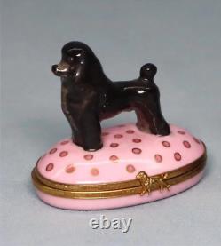 Vintage marked Limoges porcelain w black Poodle trinket on pink box