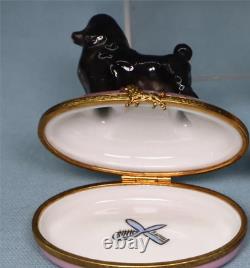 Vintage marked Limoges porcelain w black Poodle trinket on pink box