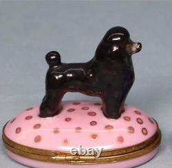 Vintage marked Limoges porcelain w black Poodle trinket on pink box