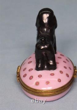 Vintage marked Limoges porcelain w black Poodle trinket on pink box