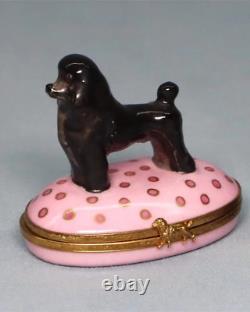 Vintage marked Limoges porcelain w black Poodle trinket on pink box