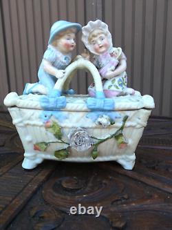 Vintage porcelain faience children Doll Bonbonniere box basket