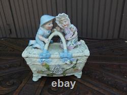 Vintage porcelain faience children Doll Bonbonniere box basket