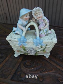 Vintage porcelain faience children Doll Bonbonniere box basket