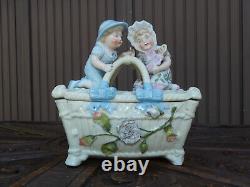 Vintage porcelain faience children Doll Bonbonniere box basket