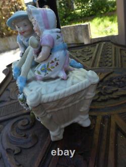 Vintage porcelain faience children Doll Bonbonniere box basket