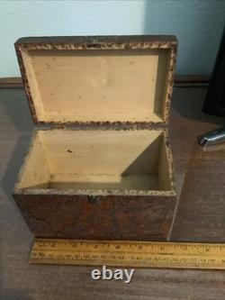 Vintage pyrography PYROGRAPICS decorated POST CARD BOX antique 6.25 X 4 X 4.5