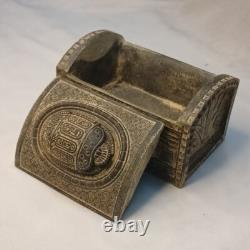 Vintage-style scarab box featuring Egyptian hieroglyphs and stone texture