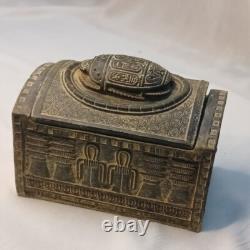 Vintage-style scarab box featuring Egyptian hieroglyphs and stone texture