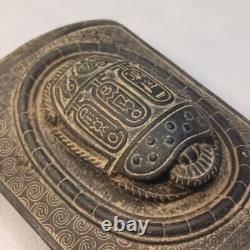 Vintage-style scarab box featuring Egyptian hieroglyphs and stone texture