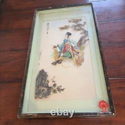 Vntg Chinese Dalian Pearl Brand Geisha Girl Carved Stones Shells Shadow Box Art