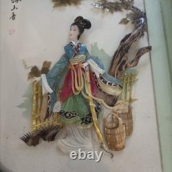 Vntg Chinese Dalian Pearl Brand Geisha Girl Carved Stones Shells Shadow Box Art