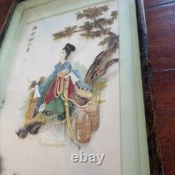 Vntg Chinese Dalian Pearl Brand Geisha Girl Carved Stones Shells Shadow Box Art