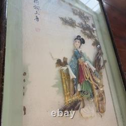 Vntg Chinese Dalian Pearl Brand Geisha Girl Carved Stones Shells Shadow Box Art