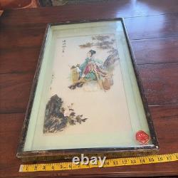 Vntg Chinese Dalian Pearl Brand Geisha Girl Carved Stones Shells Shadow Box Art