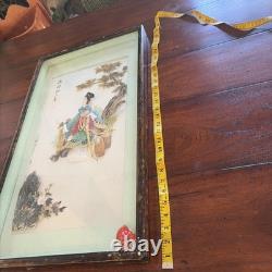 Vntg Chinese Dalian Pearl Brand Geisha Girl Carved Stones Shells Shadow Box Art