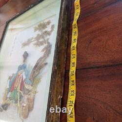 Vntg Chinese Dalian Pearl Brand Geisha Girl Carved Stones Shells Shadow Box Art