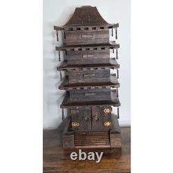 Vtg 5 Story Wooden Pagoda Jewelry Box No Top Spire 2 Dangles Missing 1 Chip SEE