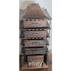 Vtg 5 Story Wooden Pagoda Jewelry Box No Top Spire 2 Dangles Missing 1 Chip SEE