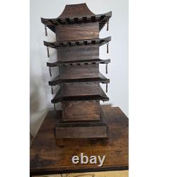 Vtg 5 Story Wooden Pagoda Jewelry Box No Top Spire 2 Dangles Missing 1 Chip SEE