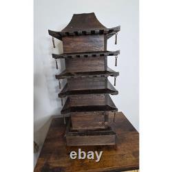 Vtg 5 Story Wooden Pagoda Jewelry Box No Top Spire 2 Dangles Missing 1 Chip SEE