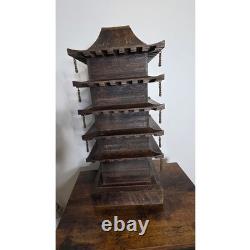 Vtg 5 Story Wooden Pagoda Jewelry Box No Top Spire 2 Dangles Missing 1 Chip SEE