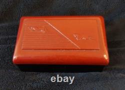 Vtg Bakelite Rectangular Box w Lid Galloping Horses Bas Relief Black Red Tobacco