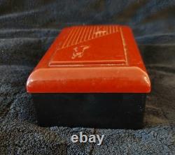 Vtg Bakelite Rectangular Box w Lid Galloping Horses Bas Relief Black Red Tobacco