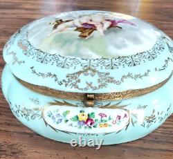 Vtg French Porcelain Sevres Style Hinged FloralGold TrimCherubs Jewelry Box