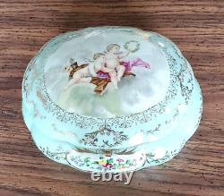 Vtg French Porcelain Sevres Style Hinged FloralGold TrimCherubs Jewelry Box