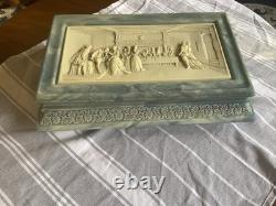 Vtg Incolay Jewelry Box XL Stone Bas Relief Blue & White Keepsake Chest