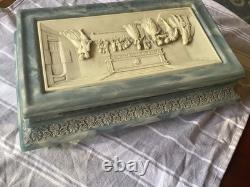 Vtg Incolay Jewelry Box XL Stone Bas Relief Blue & White Keepsake Chest