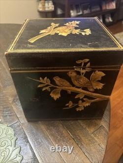 Vtg Japanese lacquered bento box with gold Birds, 4 Tier 8x8x8 Hinged Lid EUC