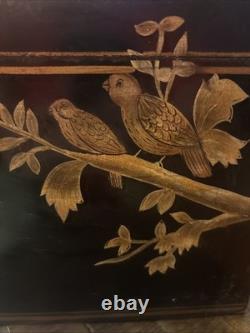Vtg Japanese lacquered bento box with gold Birds, 4 Tier 8x8x8 Hinged Lid EUC