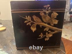 Vtg Japanese lacquered bento box with gold Birds, 4 Tier 8x8x8 Hinged Lid EUC