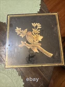 Vtg Japanese lacquered bento box with gold Birds, 4 Tier 8x8x8 Hinged Lid EUC