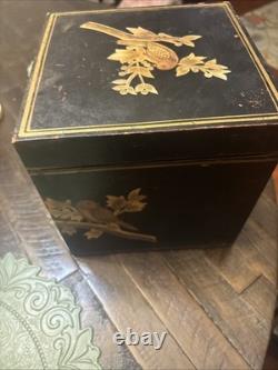 Vtg Japanese lacquered bento box with gold Birds, 4 Tier 8x8x8 Hinged Lid EUC