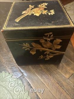 Vtg Japanese lacquered bento box with gold Birds, 4 Tier 8x8x8 Hinged Lid EUC