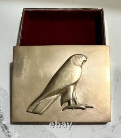 Vtg MCM Italian Brass Lidded Trinket Box with Velvet Lining Falcon Relief Detail