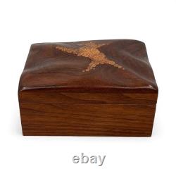 Vtg Roger Sloan Carved Walnut Wood Box with Inlaid Oak Root Cross Sections Lid