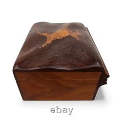Vtg Roger Sloan Carved Walnut Wood Box with Inlaid Oak Root Cross Sections Lid