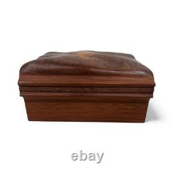 Vtg Roger Sloan Carved Walnut Wood Box with Inlaid Oak Root Cross Sections Lid